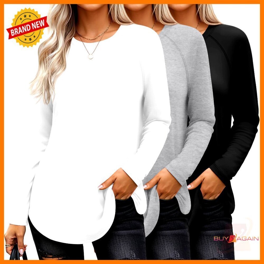 Long Sleeve Crew Neck Tunic Tops Raglan Sleeve Loose Fit Side Split Hem